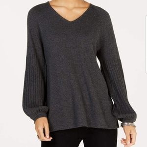 STYLE & CO Grey Ribbed Bishop Sleeve Sweater L